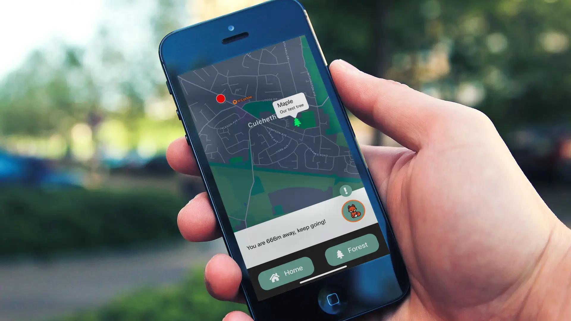 a mobile phone screen showing the Pocket Forest app in use, with distance between user and tree highlighted by the friendly fox character